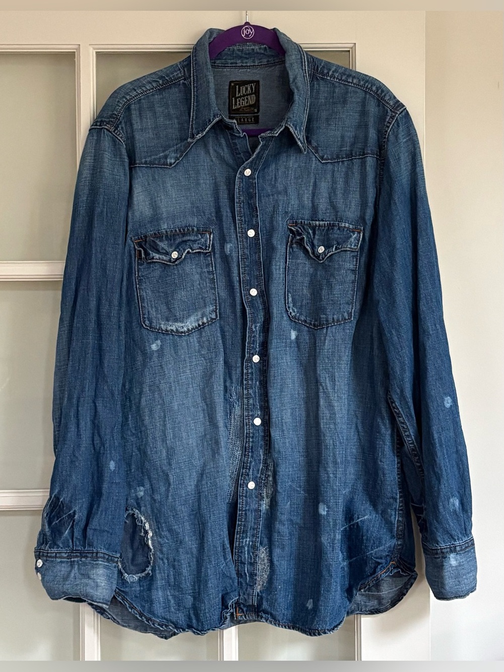 Lucky Brand "Lucky Legend" Men's Distressed Denim Long Sleeve Button-Down Shirt